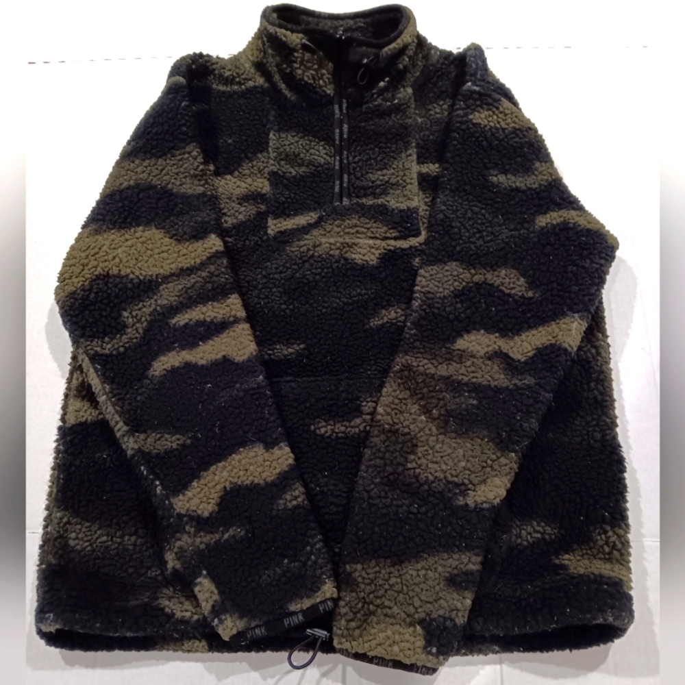 PINK Victoria's Secret Women's  (Size SP) Camouflage Green Print Zip Pullover - Picture 5 of 9